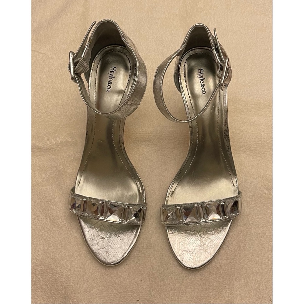 Style & Co Silver Tylda Snake Ankle Strap Rhinestones 7.5
